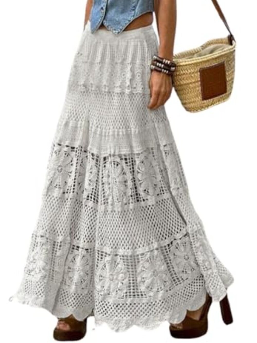 Women's Western Floral Lace Crochet Maxi Boho A-Line Skirt - Picture 2 of 3